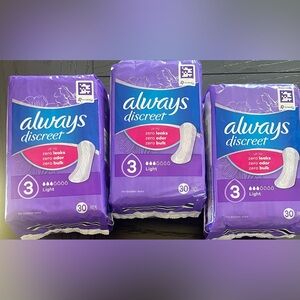 Always Discreet Lightly Scented 3 Drop Light Incontinence Pads X 3 Packs of 30
